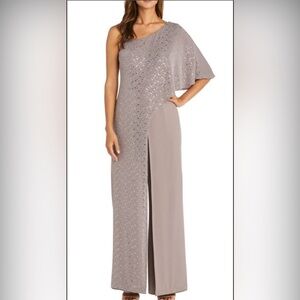 R & M Richards  Embroidered Sequin One Shoulder Short Sleeve Jumpsuit